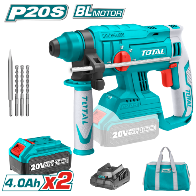 كسارة مثقب بطارية 20 فولت SDS PLUS قوة الطرق 1.5 جول مع 2 بطارية 4 امبير وشاحن وحقيبة صناعي ماركة TOTAL
